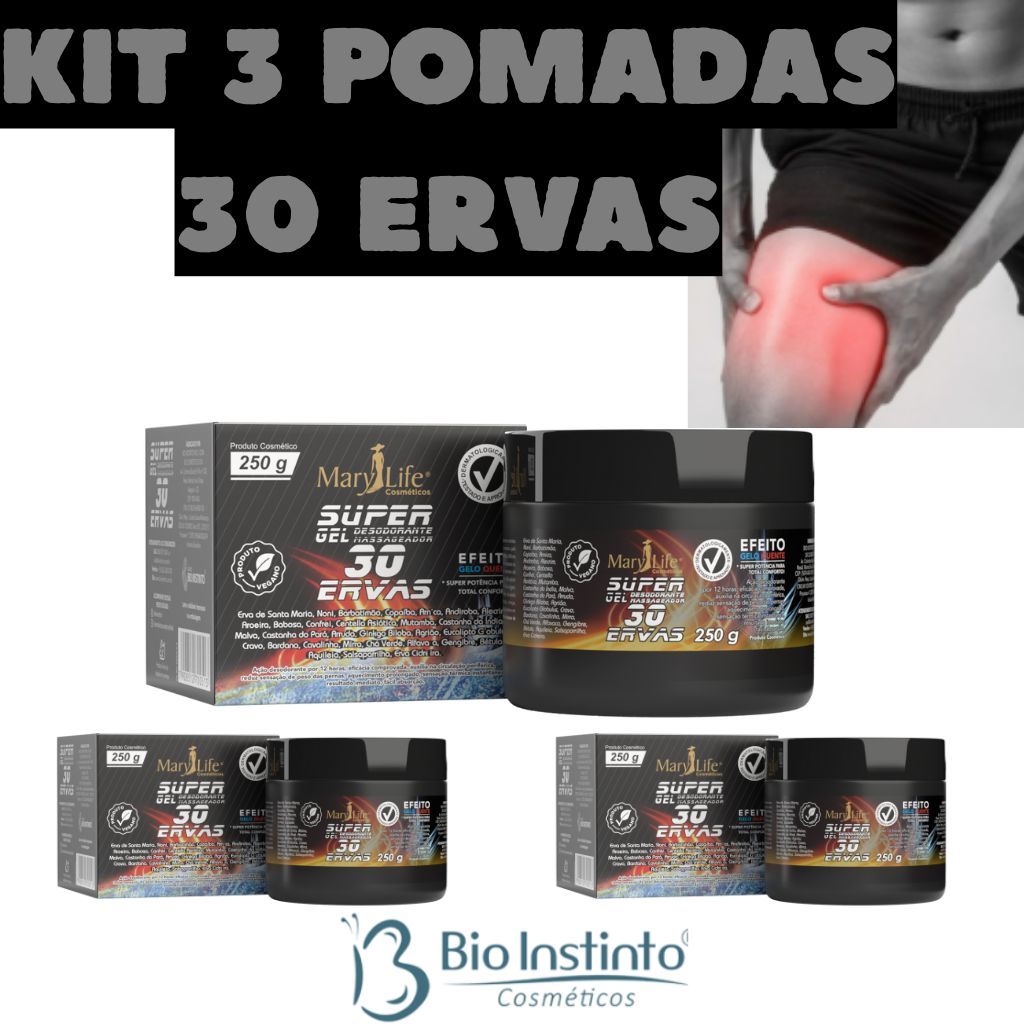 SUPER Kit Super Gel 30 Ervas 250g Massagem Atleta Academia Relaxamento Mary Life Efeito Quente Frio