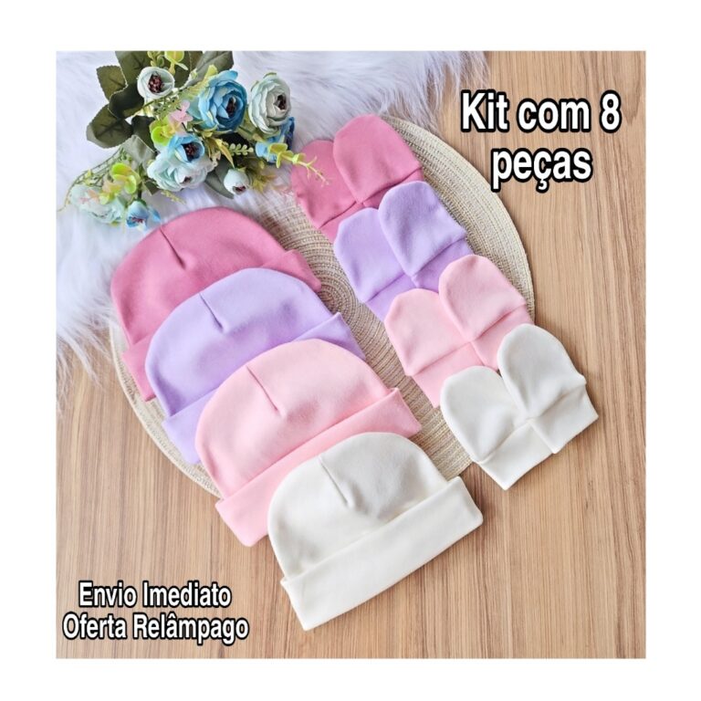 Kit 4 Touca e 4 Luva Para Bebê Recém Nascido 100