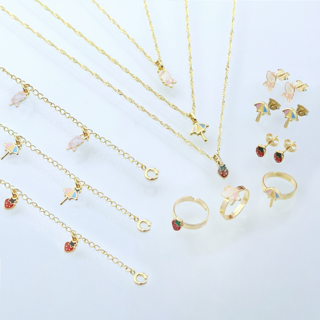 Kit de 3 Semijoias Infantis Guarda-Sol, Moranguinho e Hello Kitty Banhado a Ouro 18K Com Pingente em