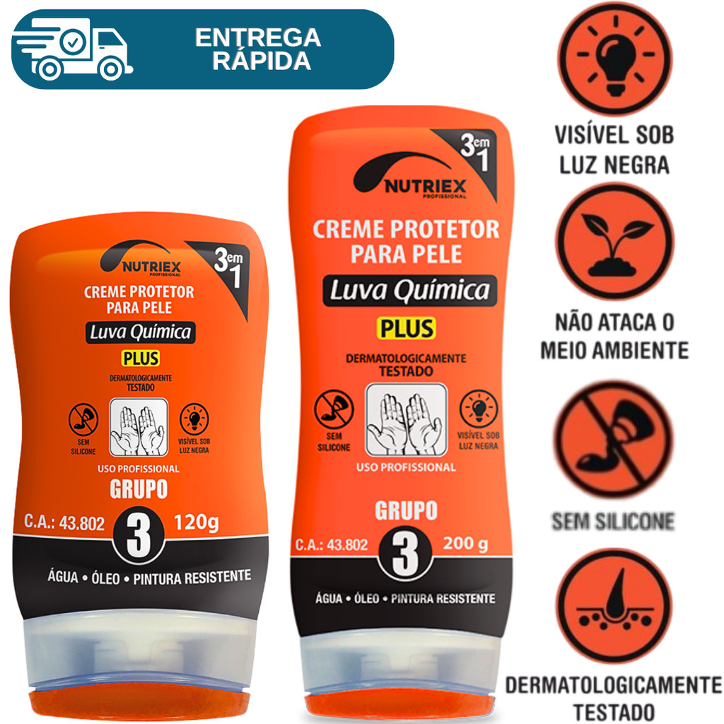 Creme De Proteção Luva Química Grupo 3 Nutriex Camada Invisivel Mãos Pele Água Óleo Pintura G3 Plus