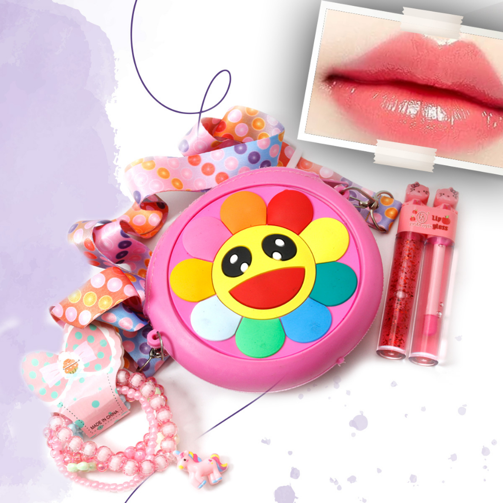 Bolsa Porta Moedas infantil Feminina com Gloss 2 em 1 Brilho Labial e kit Pulseira com 4 Unidades Ma