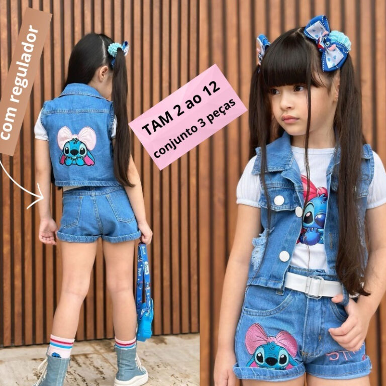 Conjunto Jeans Colete  Infantil Menina  Blusa Stic