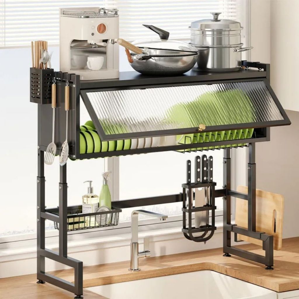 Escorredor De Pratos Organizador De Cozinha Pia Prateleira Dupla Com Porta Cor Preta Envio 77x77x30