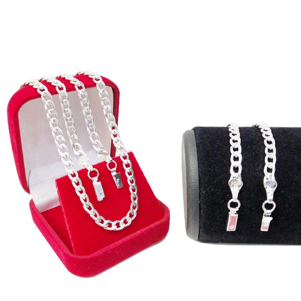 Corrente e Pulseira Cordão Banhado Prata 925 Masculina 60cm 4mm