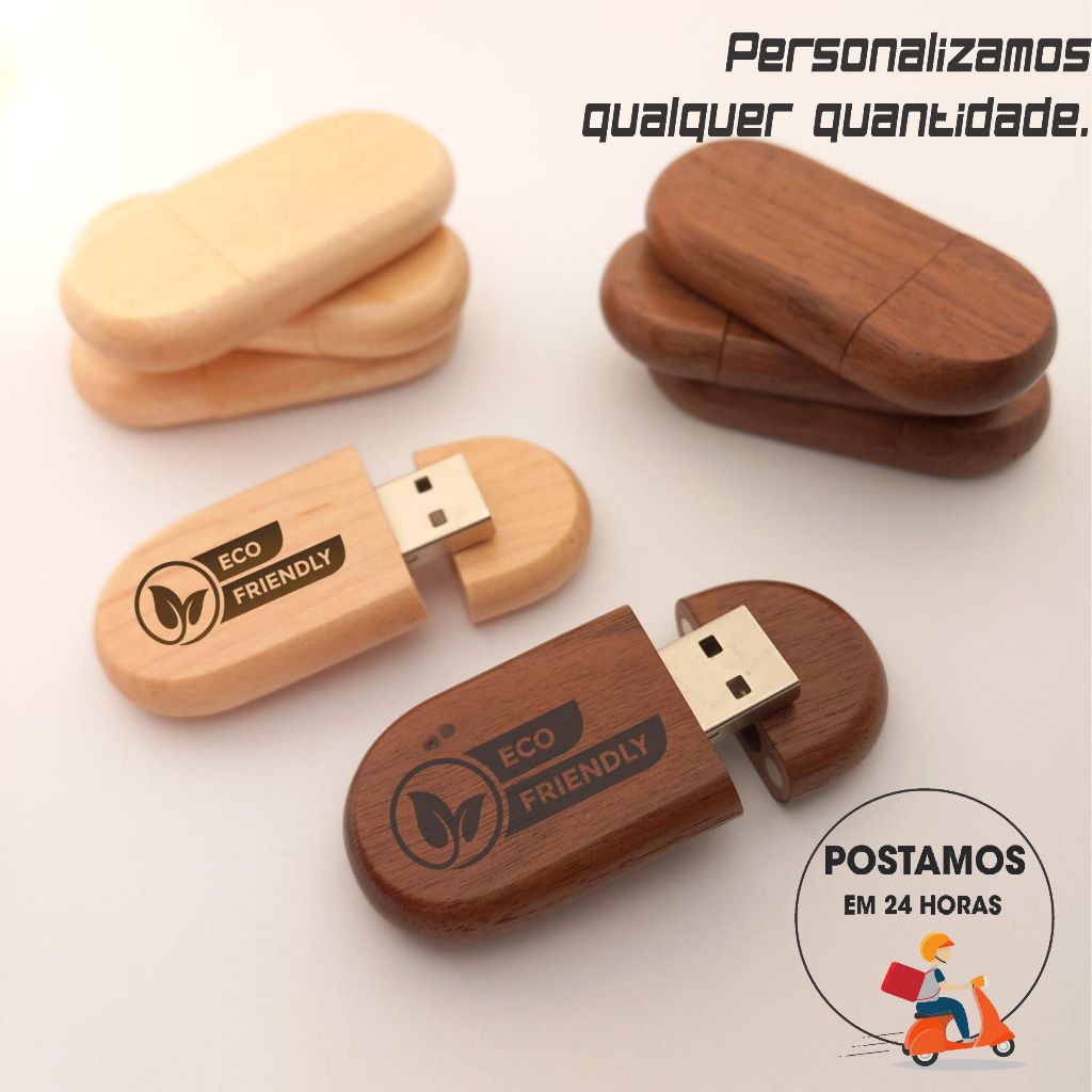 Pen drive de Madeira 4gb 8gb 16gb 32gb 64gb Personalizado Gravado com Nome ou Logo em Cores ou Laser