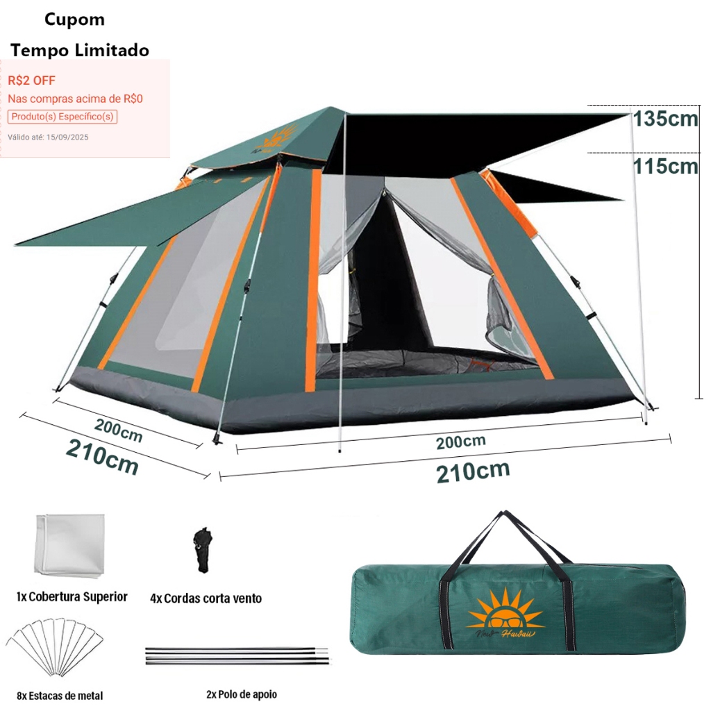 Barraca de Camping Automática 4 Pessoas Barraca de Acampamento Portátil 210*210*135cm NEWHAWAII