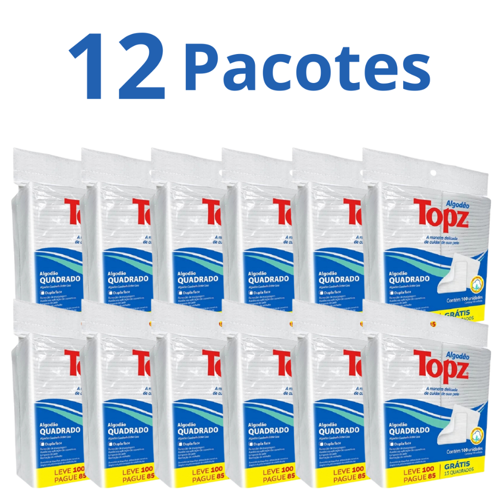 Kit de Algodão Topz Quadrado Dupla Face 100 Unidades Puro Macio Absorventes