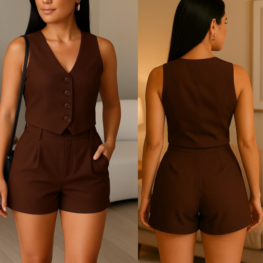 CONJUNTO FEMININO EN TECIDO ALAFAIATARIA MODA VERÃO CORES EM TENDENCIA 2026 SHORTS + COLETE