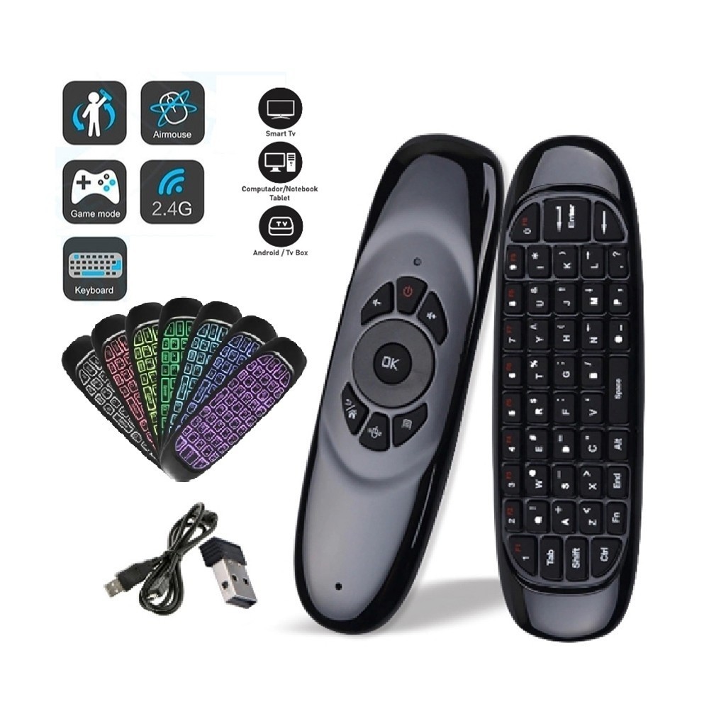 Mini Controle sem fio com Teclado Air Mouse S/fio 2.4 GHZ Wireles Com Luz Led Universal USB Smart Tv