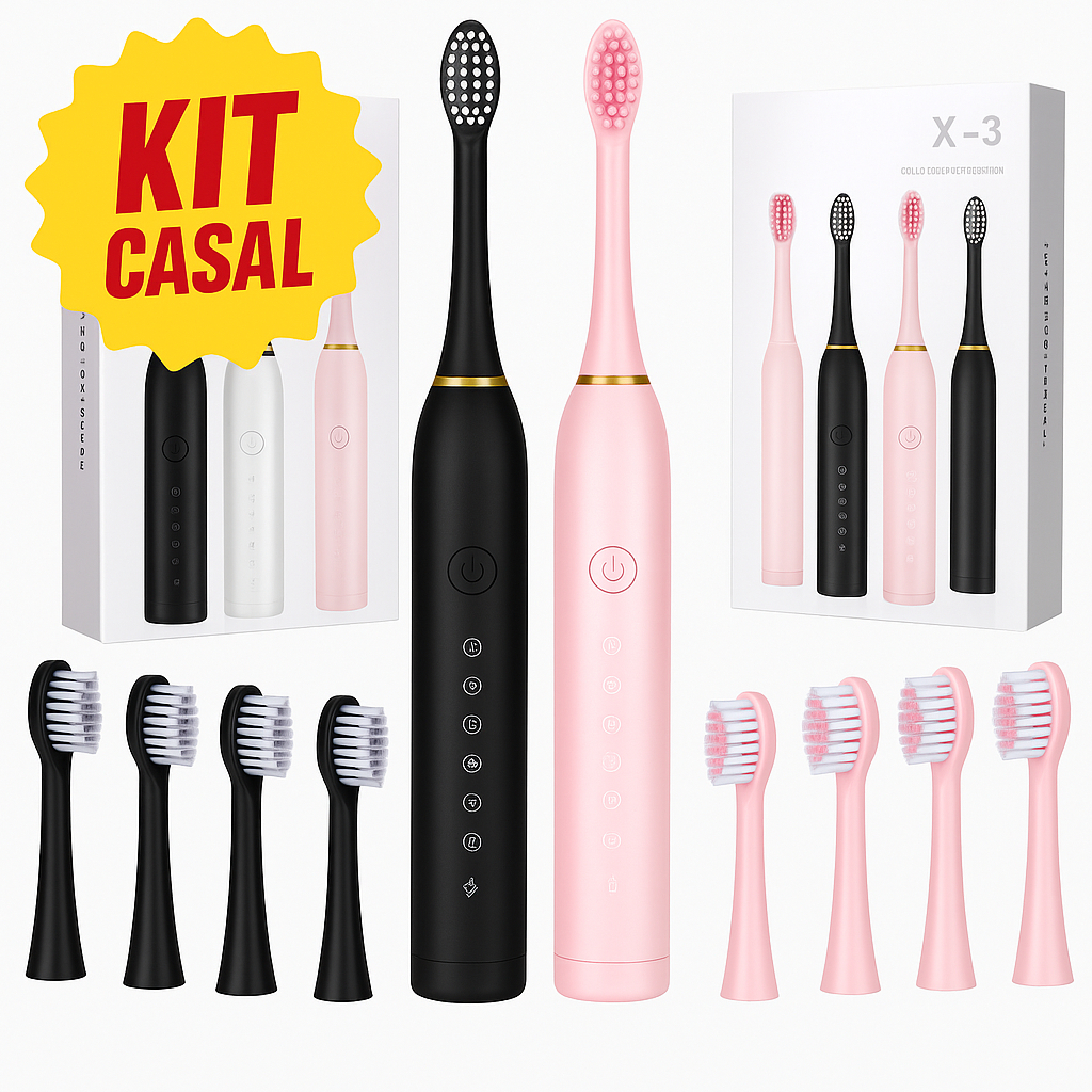 Kit 2 Escovas de Dente Elétrica Recarregável IPX7 Portátil à Prova dÁgua com 8 Cabeça Substituível