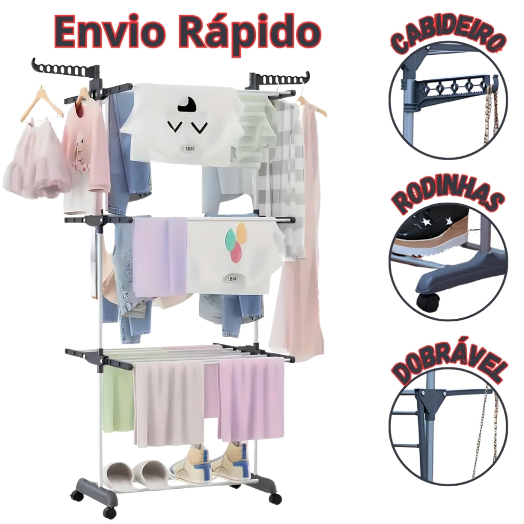 Varal Chão 3 Andares Dobrável Aço Reforçado Com Rodinhas Premium Envio Imediato Preto/Cinza/Azul