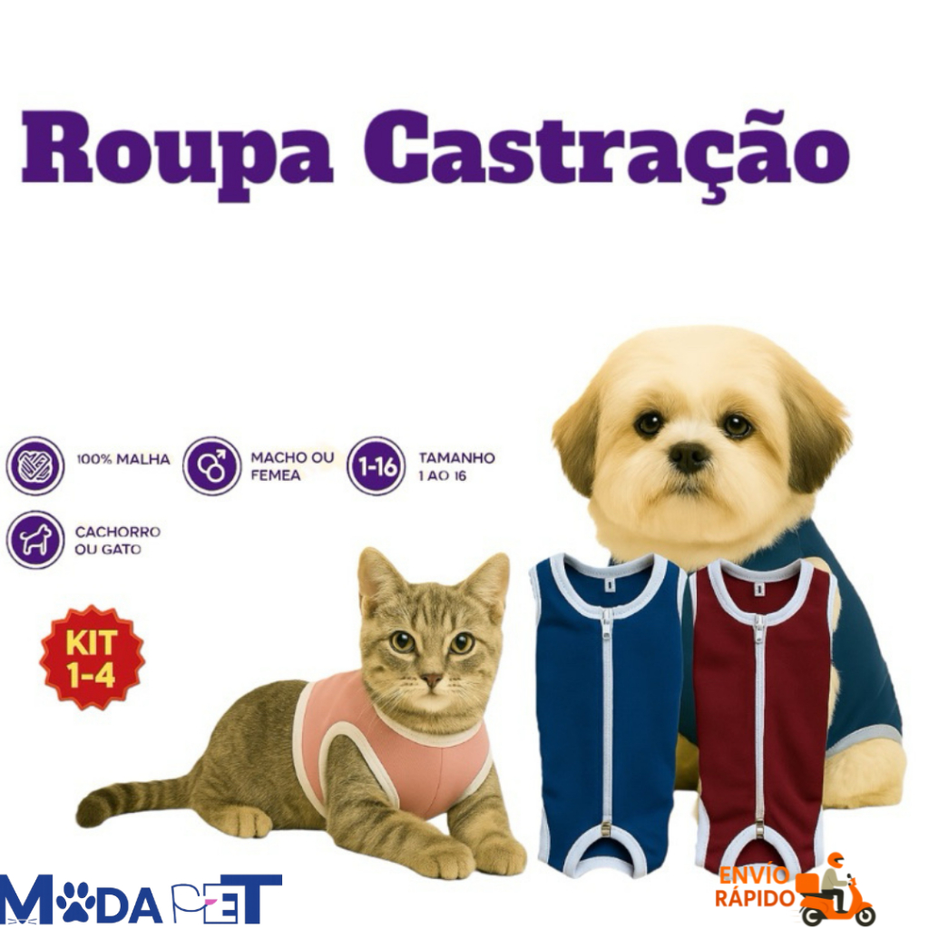 Roupa Castração Protetora para cães e gatos pós cirúrgica macho e fêmea – Tamanho 1 ao 16