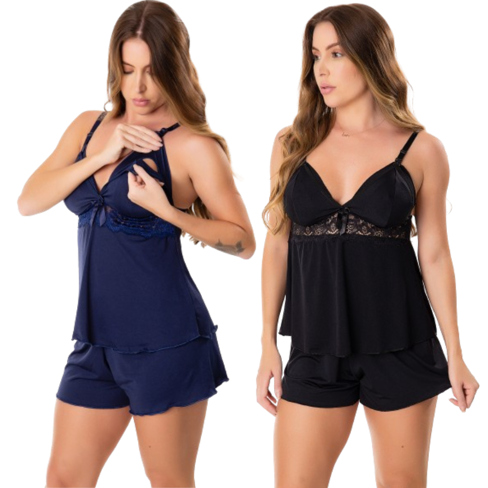 Kit 2 Baby Doll Amamentação Com Click Abre Fácil Gestante Pós Parto Pijama Para Amamentar Com Renda