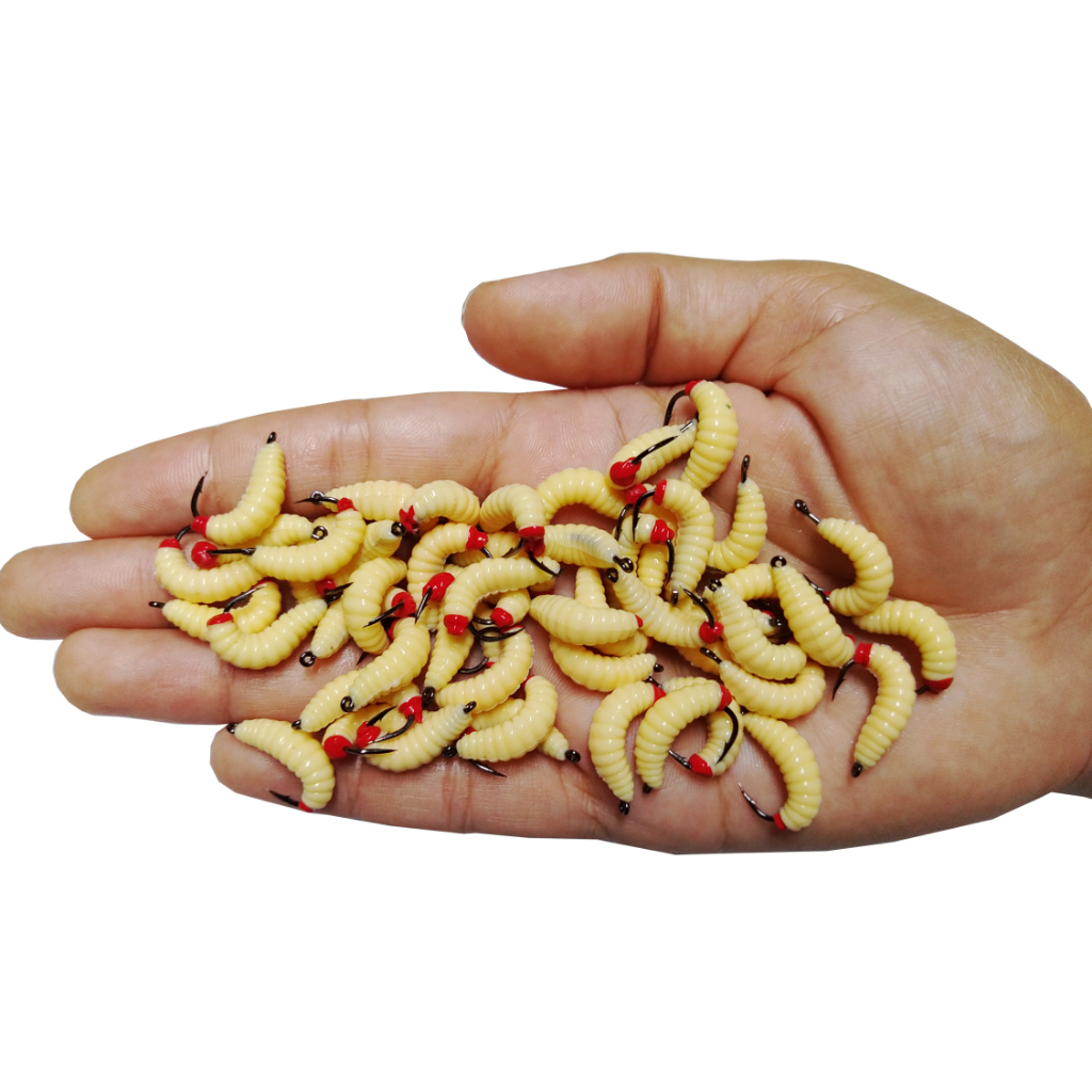 Kit Isca Artificial Larva Bicho Da Laranja Aromatizado com Anzol Chinu n°4  – Bege E Vermelho