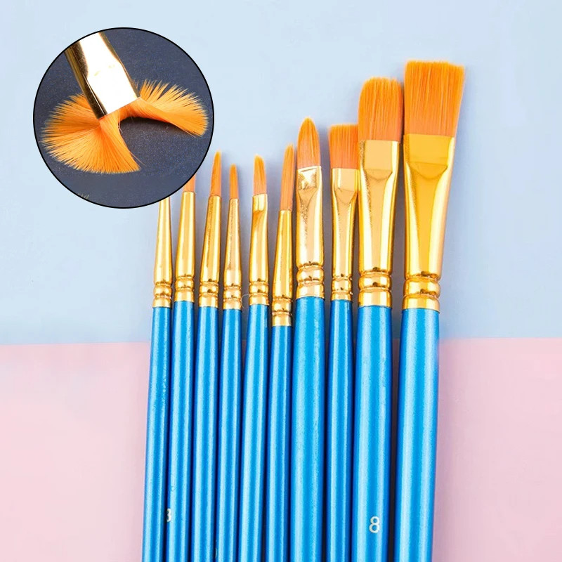 Kit 10 Pincel De Pintura Ponta Fina Redonda Chata Artesanato Tinta Acrílica Guache Aquarela Óleo Art