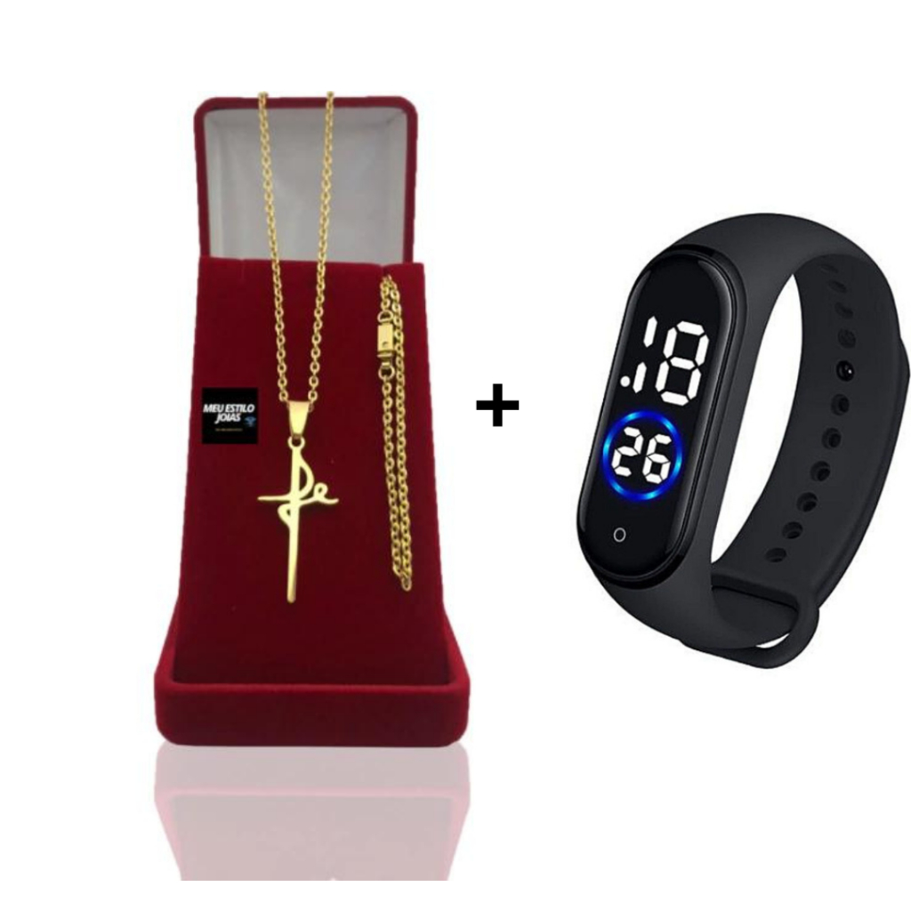 Corrente Masculina Infantil Cadeado Banhado Ouro 2mm Com Pulseira e Pingente Letra Fé +  Relógio Dig