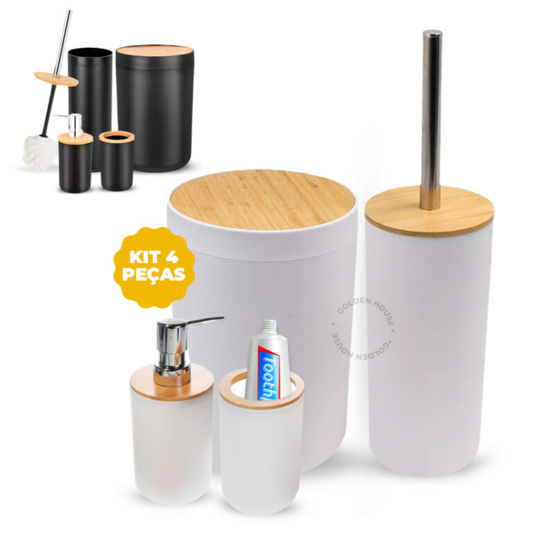 Kit Banheiro Lixeira C/ Tampa Detalhes Em Bambu Pr