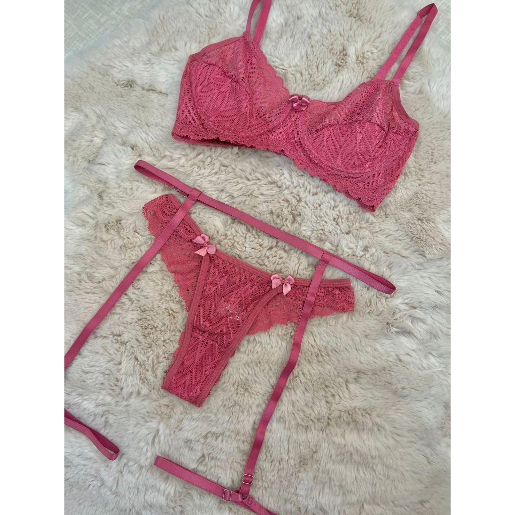 Kit Conjunto Lingerie Sexy de Renda Com Arco Acompanha Cinta Liga