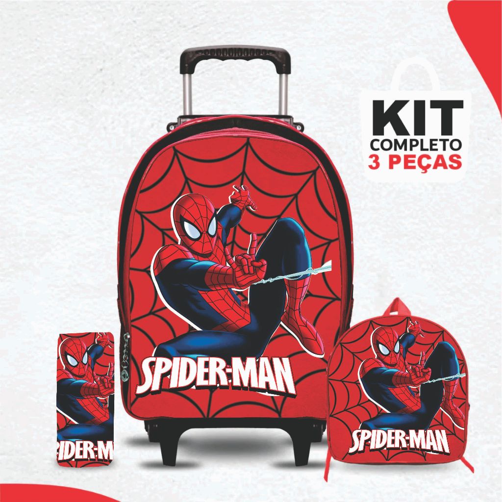 Kit mochila escolar Homem Aranha com lancheira e Estojo – com Rodinhas – Menino – Masculino