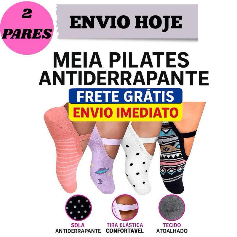 Kit 2 Pares Meias Femininas Antiderrapante 35/40  Atoalhada  Pilates Yoga e Hidroginástica Conforto