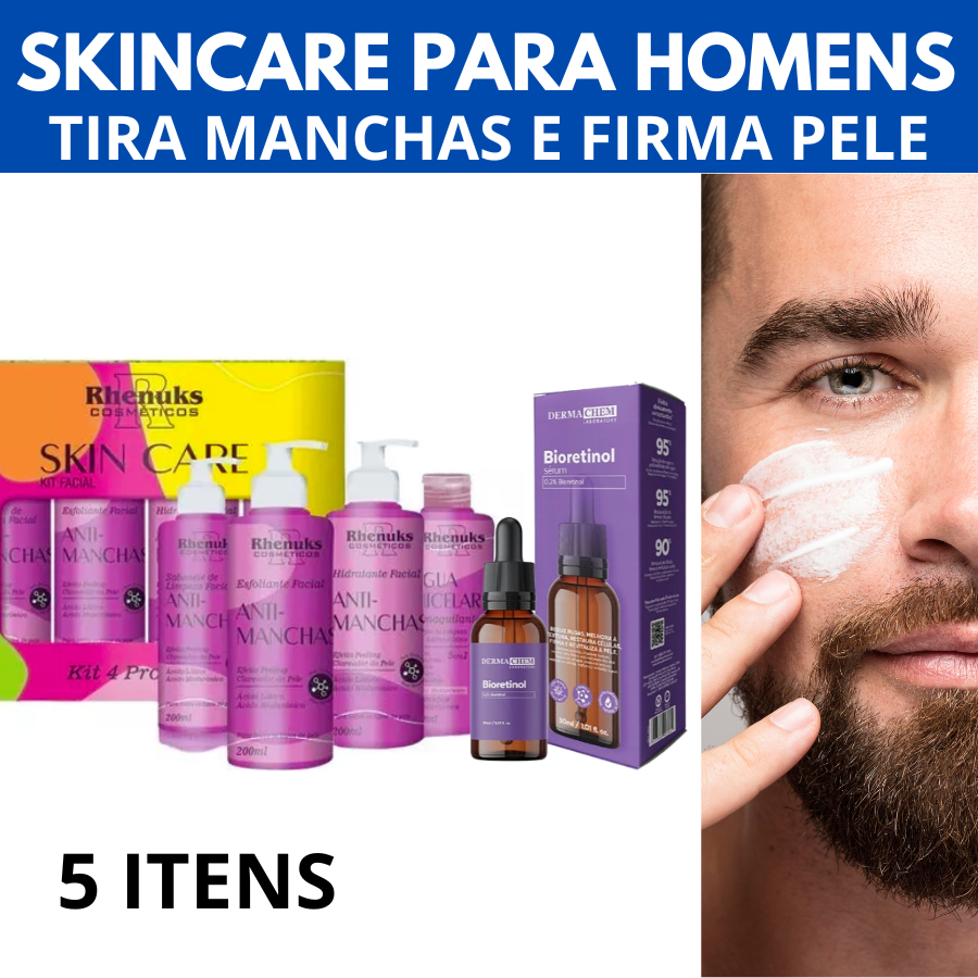 Kit Skincare Masculino Completo Manchas Clareador Rhenuks + Sérum Bioretinol Anti Rugas Dermachem