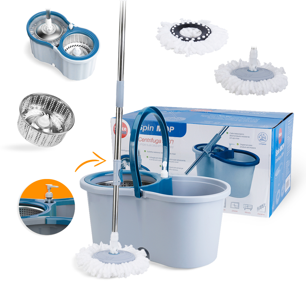 Mop 14 Litros Cabo 140 Cm + 2 Refis Com Cesto Em Inox + Dispenser e Rodas – Azul
