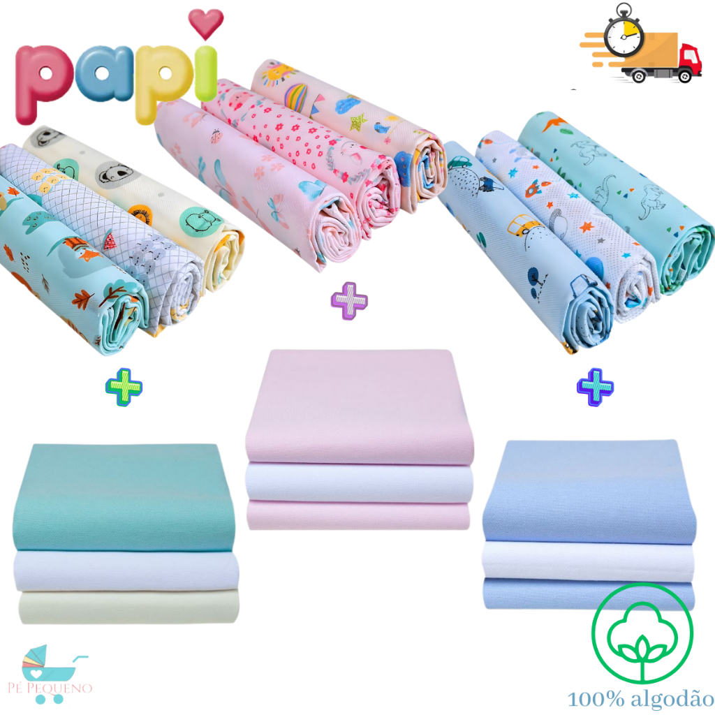Kit 6 Cueiros Bebê Flanelado Estampado 100% algodão 80cm x 50cm