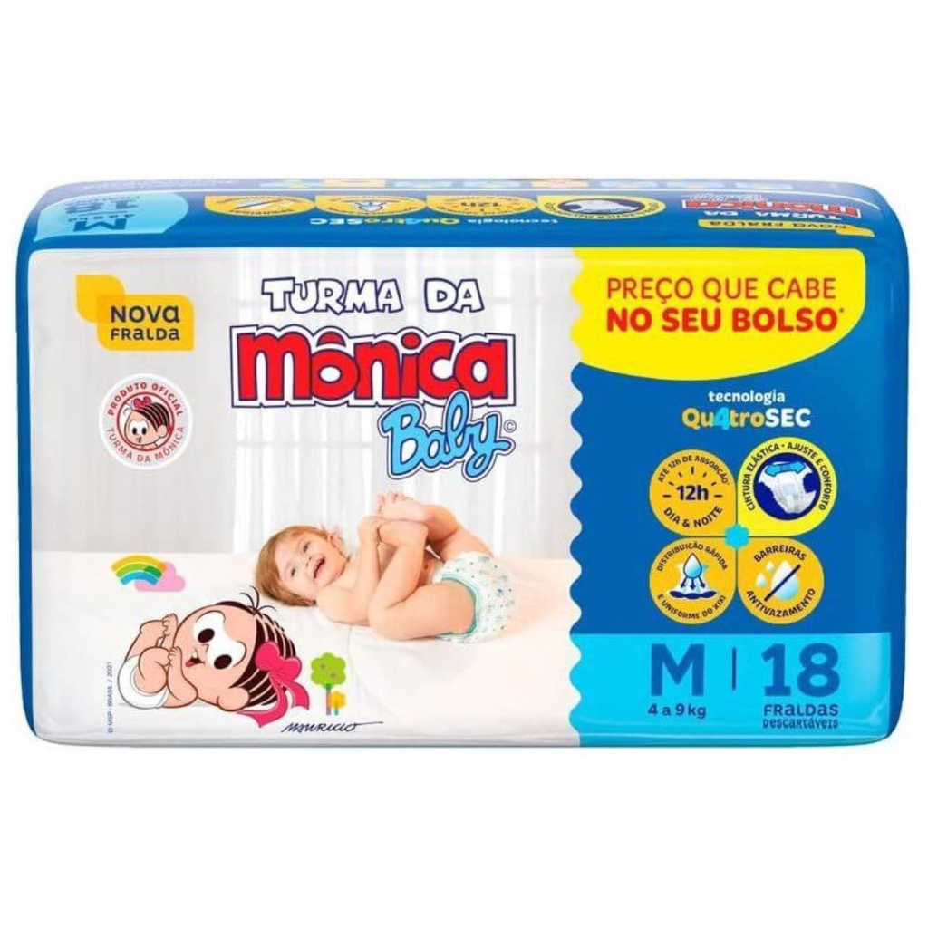 Fralda Descartável Turma da Mônica Baby QuatroSec Vários Tamanhos- 01 Unidade