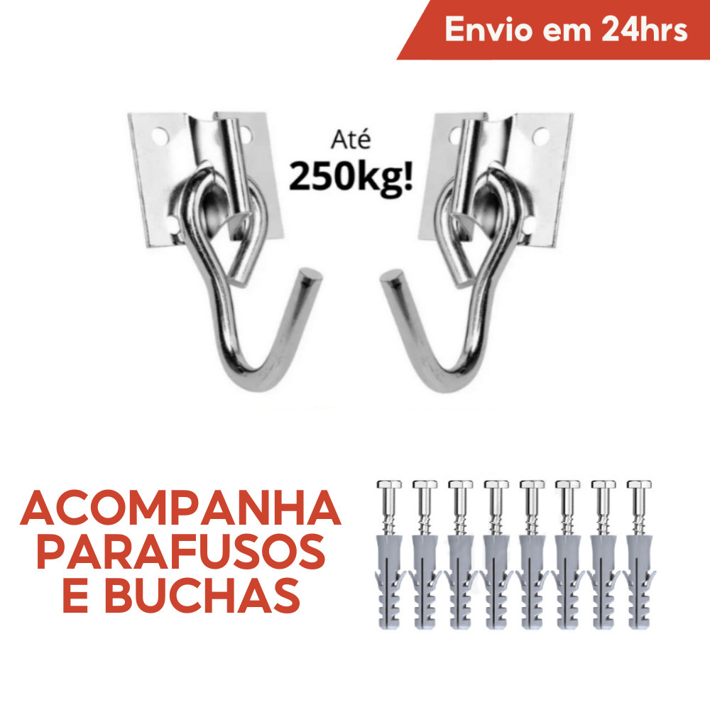 Kit Gancho Armador De Rede De Balanço Descanso Reforçado Aço Cromado Suporte Parede Parafuso Bucha
