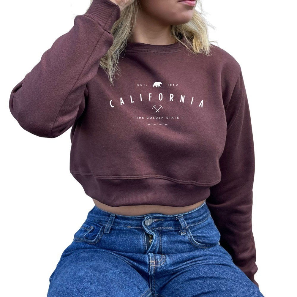 Blusa De Frio Curta Com Manga Longa Moletom Cropped Estampado California Golden State