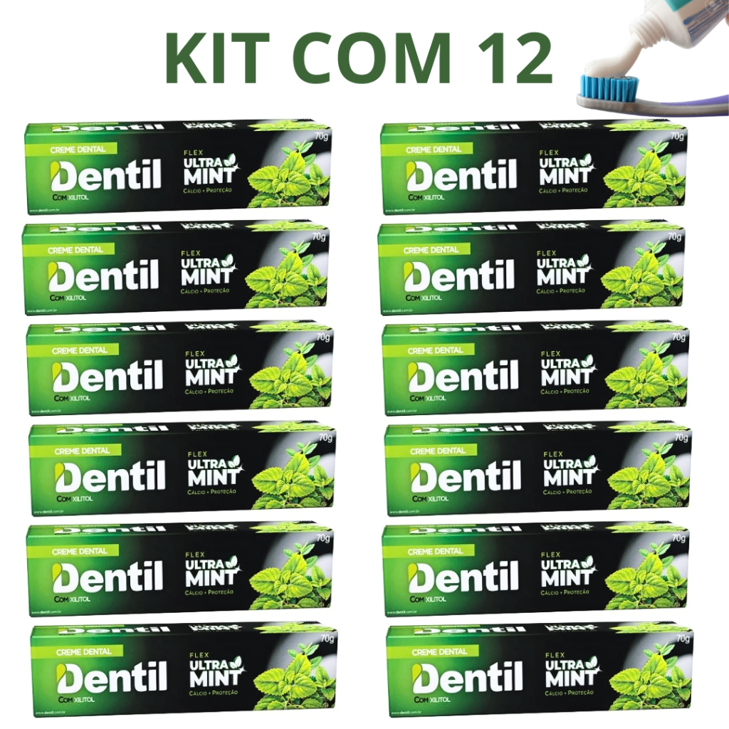 Kit 12 Creme Dental Dentil Ultra Mint Pasta de Dente Sem Flúor Com Xilitol 70g
