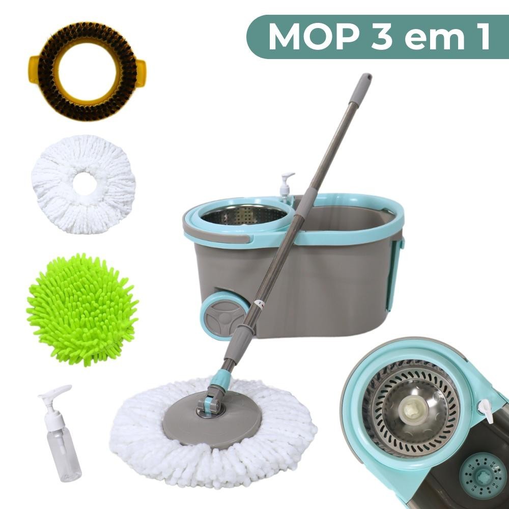 Balde Esfregão Spin Mop Giratorio 360 Com Cesto Inox Rodinhas Alça 3 Refis Limpeza Pesada Completo