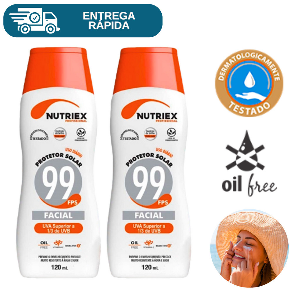 Kit 2 Protetor Solar Facial e Corporal Fps 99 120ml Nutriex 1/3 UVA UVB Bloqueador Solar Rosto