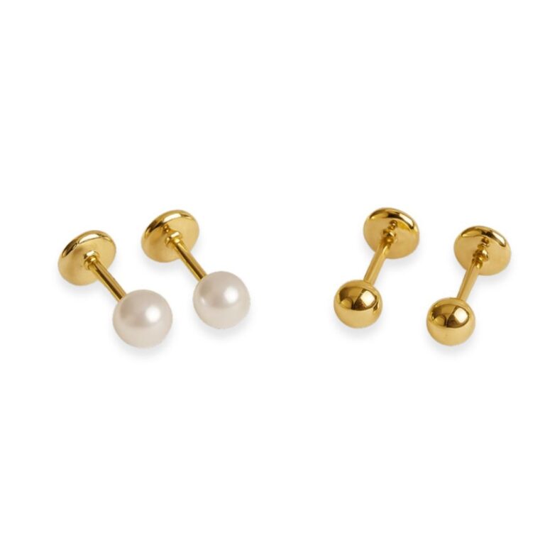 Kit 2 Brincos Infantil Banhado a Ouro Pérola e Bo