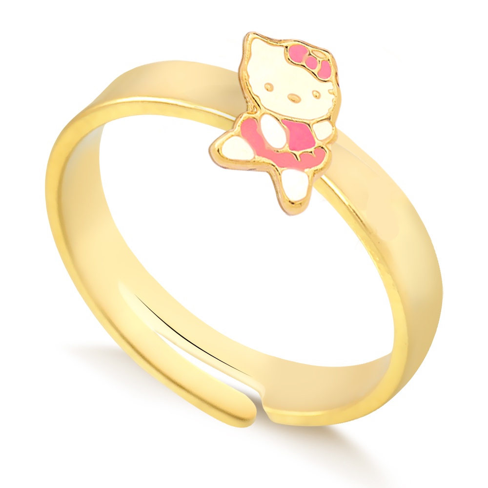 Anel Hello Kitty Infantil Banhado a Ouro 18K Com Pingente em Resina