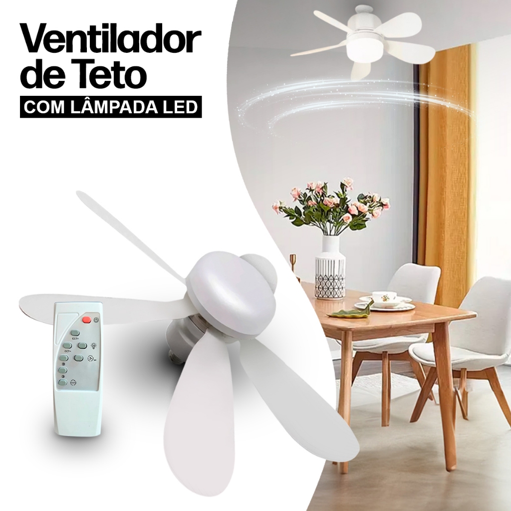 Ventilador Luminária Led 6 Pás Lâmpada Soquete Bocal E27 Teto 3 Cores Luz Branco Amarelo Bivolt