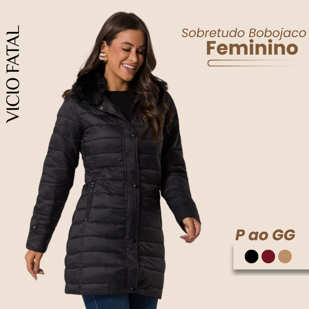 Jaqueta Sobretudo Alongado Feminina Puffer Impermeável Gola Peluciado Bolsos Funcionais Longo