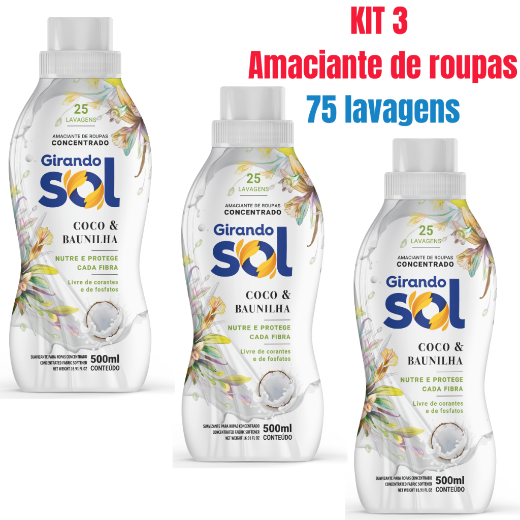 Kit 3 Amaciante Girando Sol Coco E Baunilha Concentrado 500ml – Rende até 25 Lavagens Cada