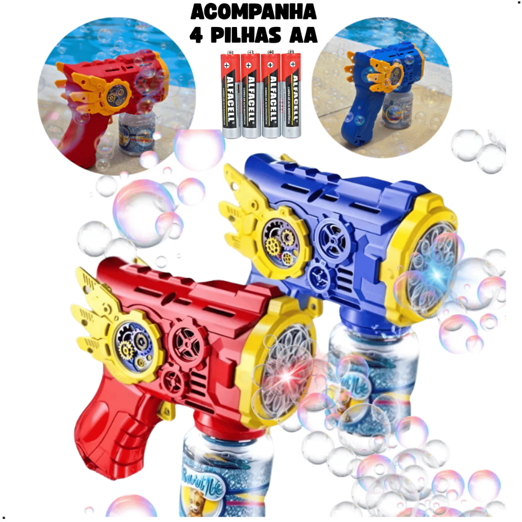 Brinquedo Lança Bolhas Sabão Arminha Automática Luz Crianças Azul Vermelho