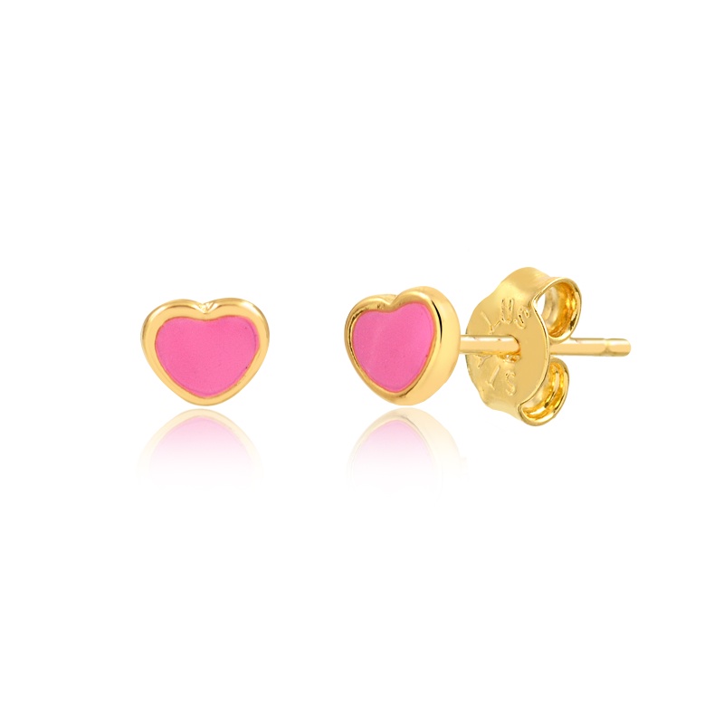 Brinco Banho de Ouro 18k Infantil em Formato de Coração Pink (5mm)