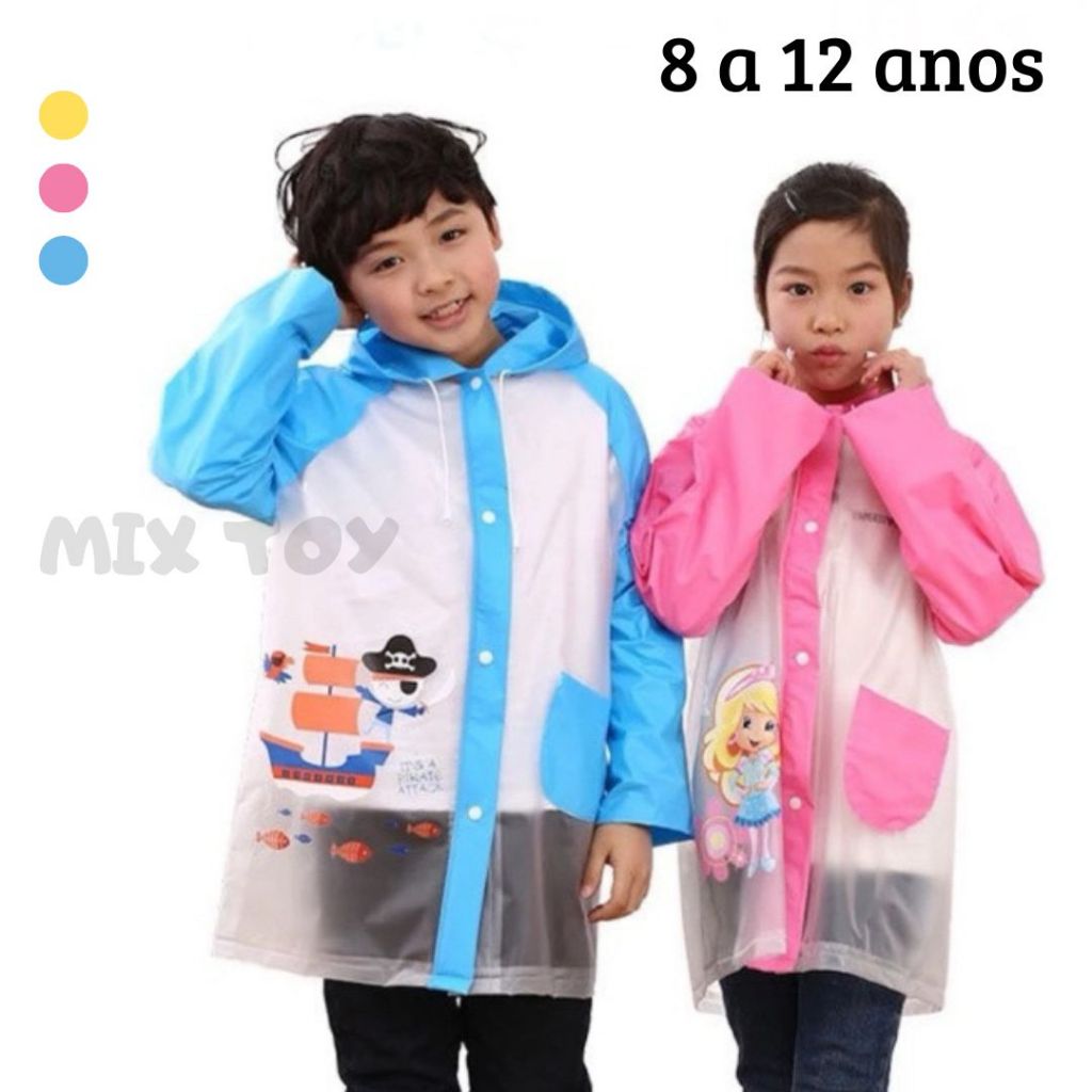 Capa de Chuva com Capuz Infantil 8 a 12 anos Menino e Menina