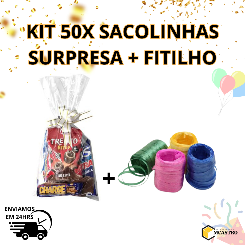 Kit Saquinho Pra Sacolinha Surpresa Transparente 15×30 c/50 unids + Fitilho da sua preferência