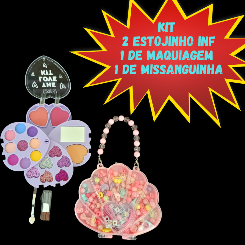 Kit Infantil com 2 Estojos Maquiagem e Pulseiras de Miçangas Ótima Opção de Presente para as crian
