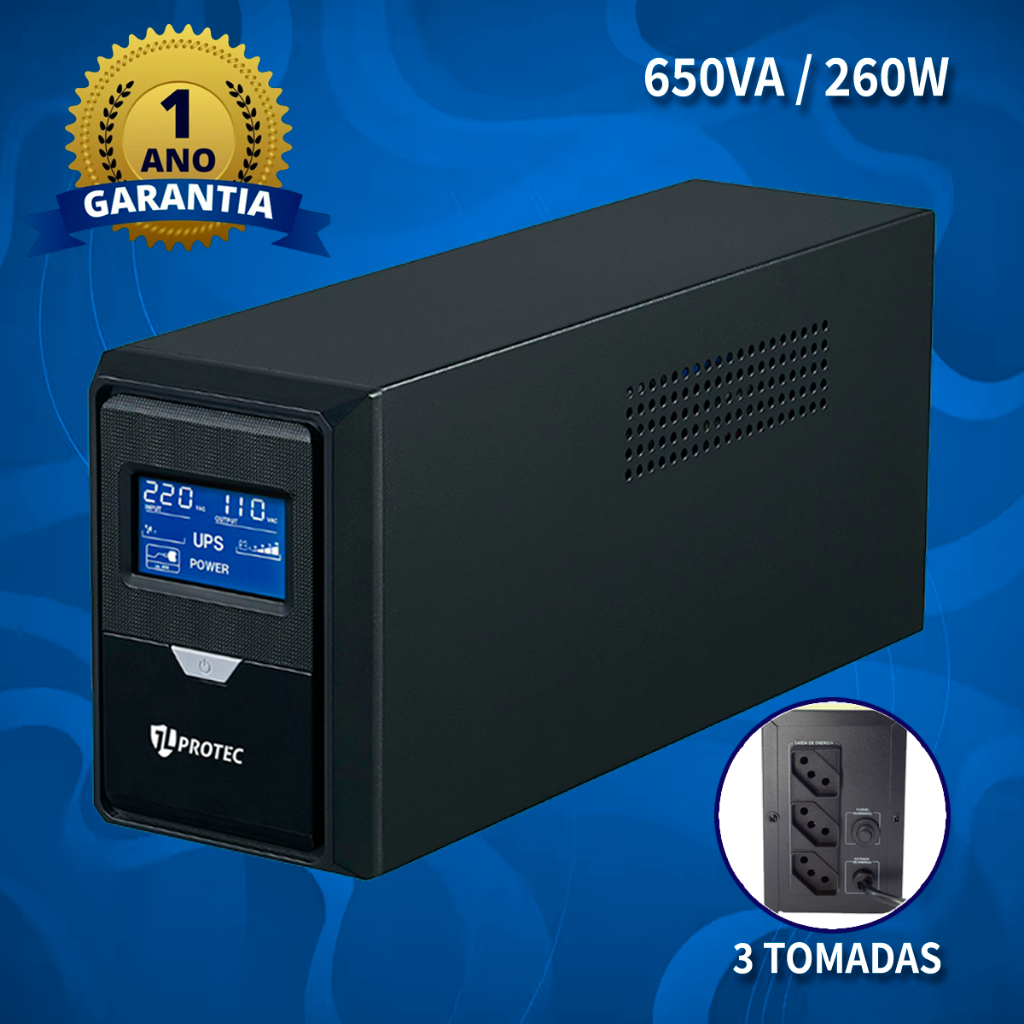 Nobreak JLProtec 650VA c/ 3 Tomadas Proteção e Estabilidade para Equipamentos de 120V 220V ou Bivolt