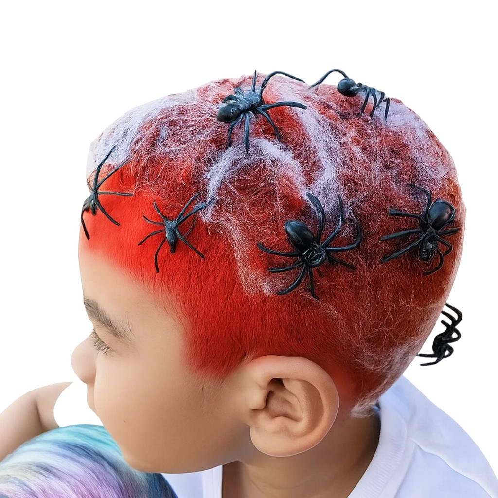 Kit Cabelo Maluco Infantil Aranha Spray Vermelho ou Azul + Teia de Aranha + Mini Aran0ha Festa
