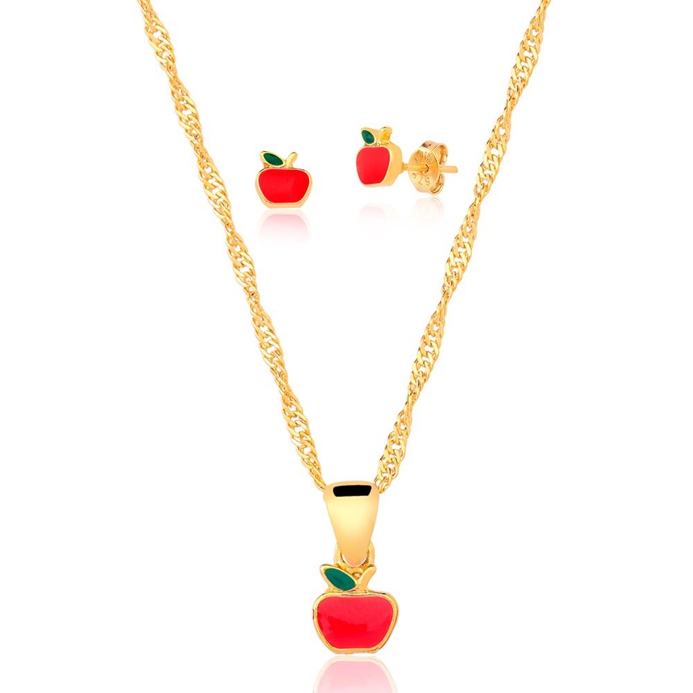 Conjunto Infantil Banhado a Ouro 18K Colar Com Pingente e Brinco – Maçãzinha em Resina