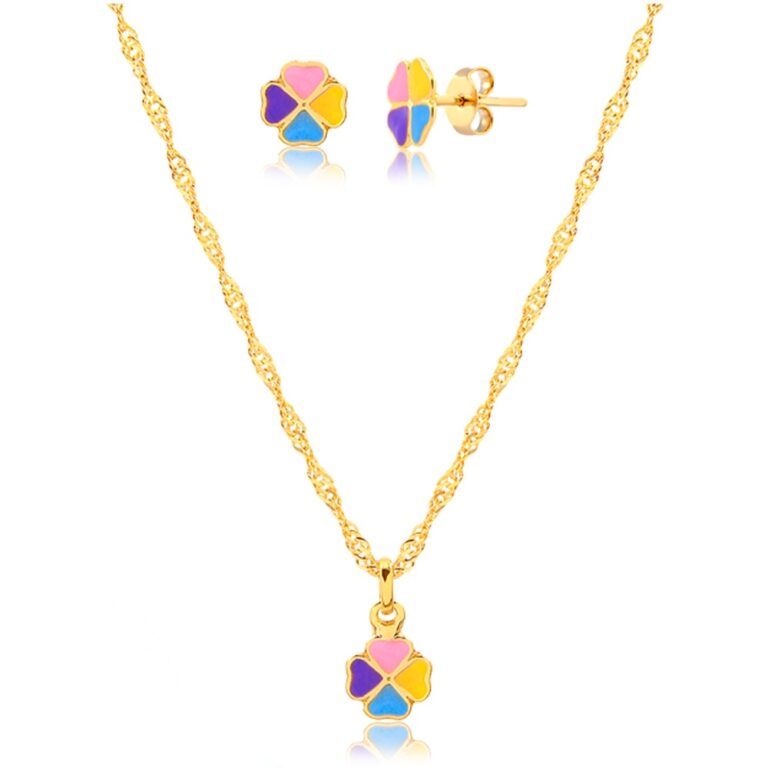 Conjunto Dourado Infantil Brinco e Colar Trevo Col