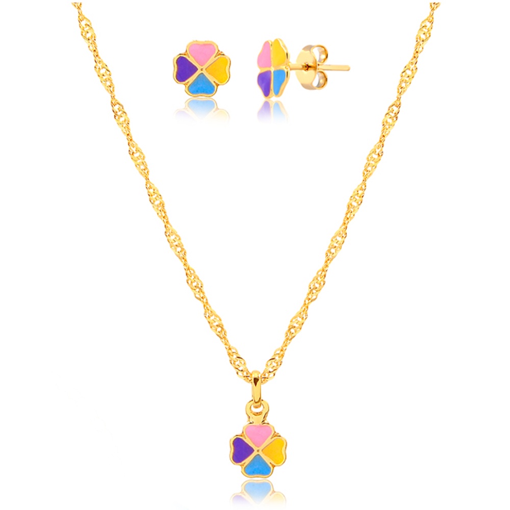 Conjunto Dourado Infantil Brinco e Colar Trevo Colorido (40cm-8mm-1,5cm)