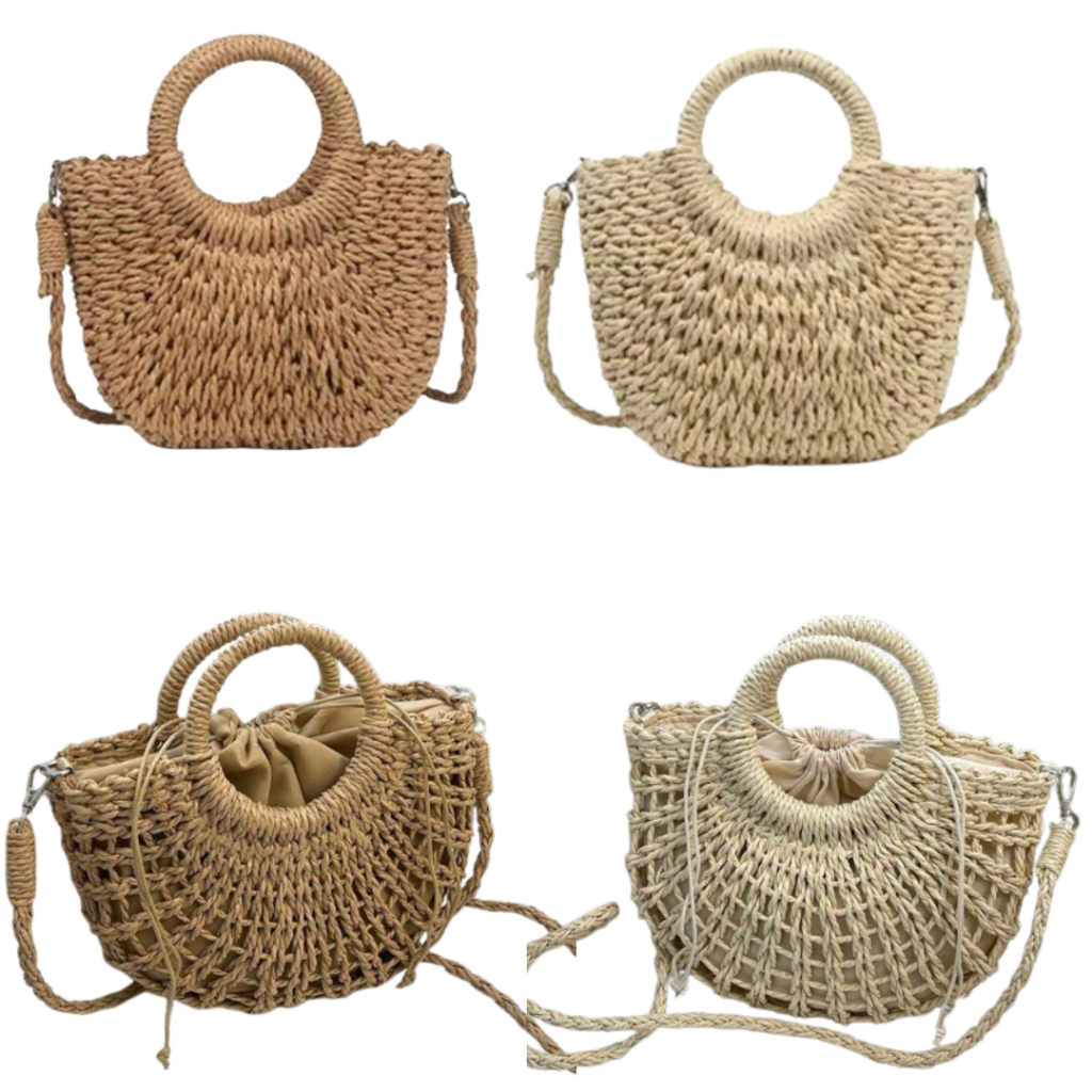 Bolsas femininas de mão, bolsa de palha praia com alça superior em forma de lua, para o verão