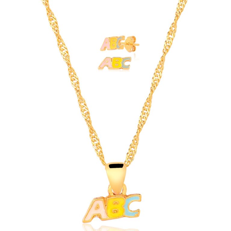Conjunto Dourado Infantil Brinco e Colar ABC (40cm